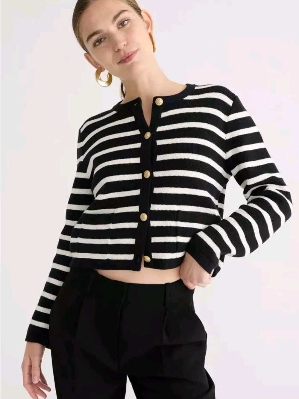 J. Crew Black and White Striped Button-Front Cardigan
